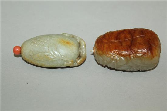 Two Chinese celadon and russet jade snuff bottles, 1800-1900, 5cm, both with coral stoppers